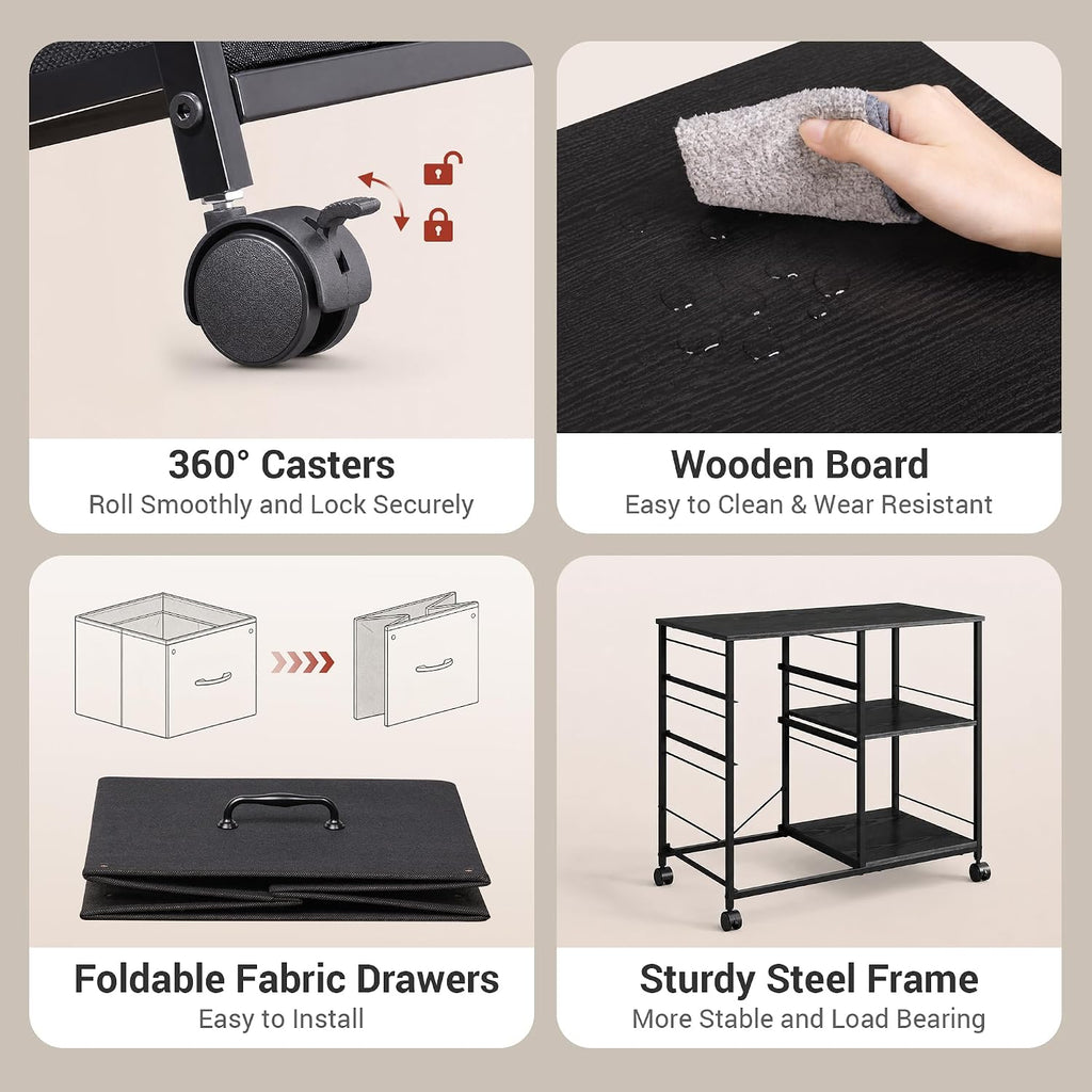 DEVAISE 3 Drawer Mobile File Cabinet with Open Storage Shelf | Rolling Printer Stand, Fabric Lateral Filing Cabinet fits A4 or Letter Size for Home Office, Black