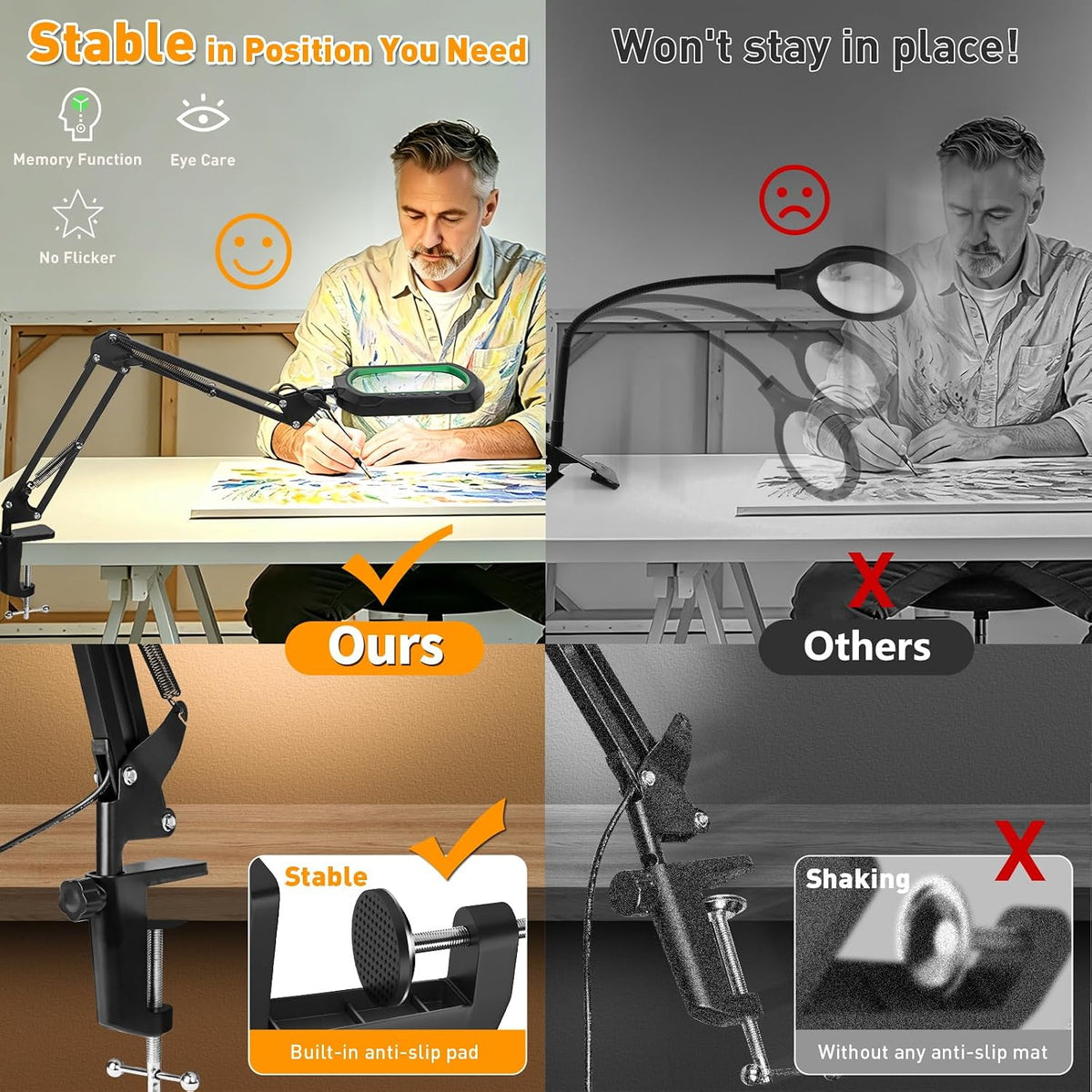 12X Square Magnifying Glass with Light and Stand, 2-in-1 Hands-Free
