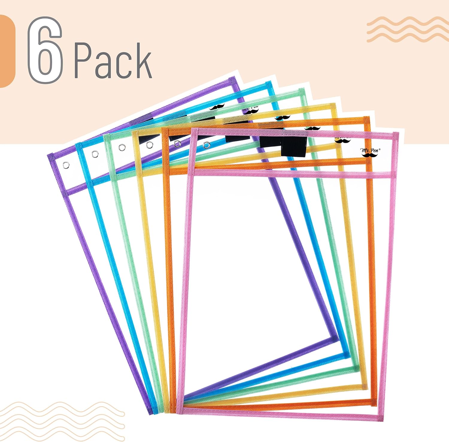 Mr. Pen- Reusable Dry Erase Pocket Sleeves, 10" x 14", 6 Pack, Colorful | Pastel Colors, Clear Plastic Paper Sleeves, Ticket Holders, Clear Plastic Sheet Protectors, Teacher, School