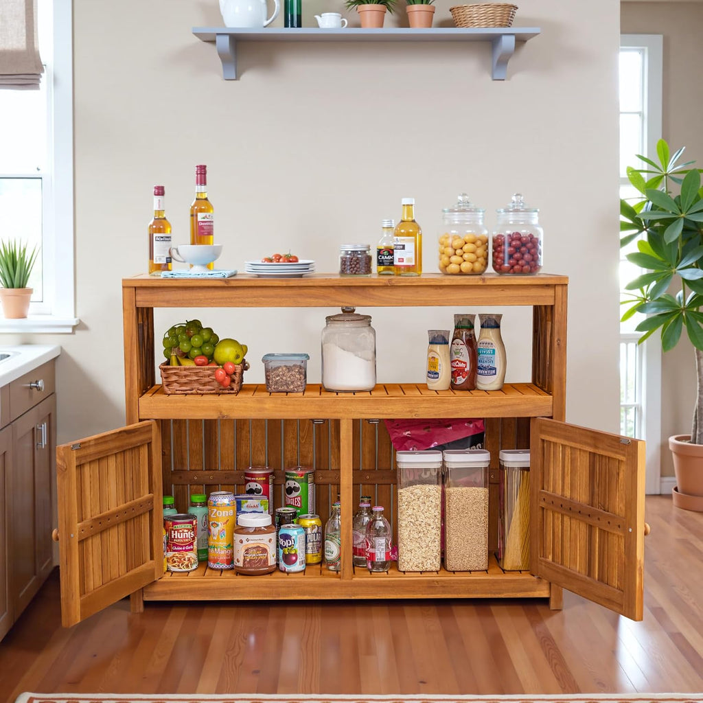 devoko acacia wood outdoor storage cabinet,waterproof potting table shown in use