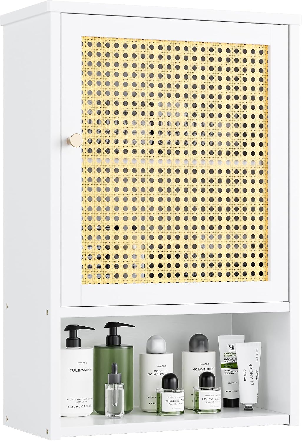 Bathroom Wall Cabinet, Bamboo Over-The-Toilet Storage Organizer with Rattan D...
