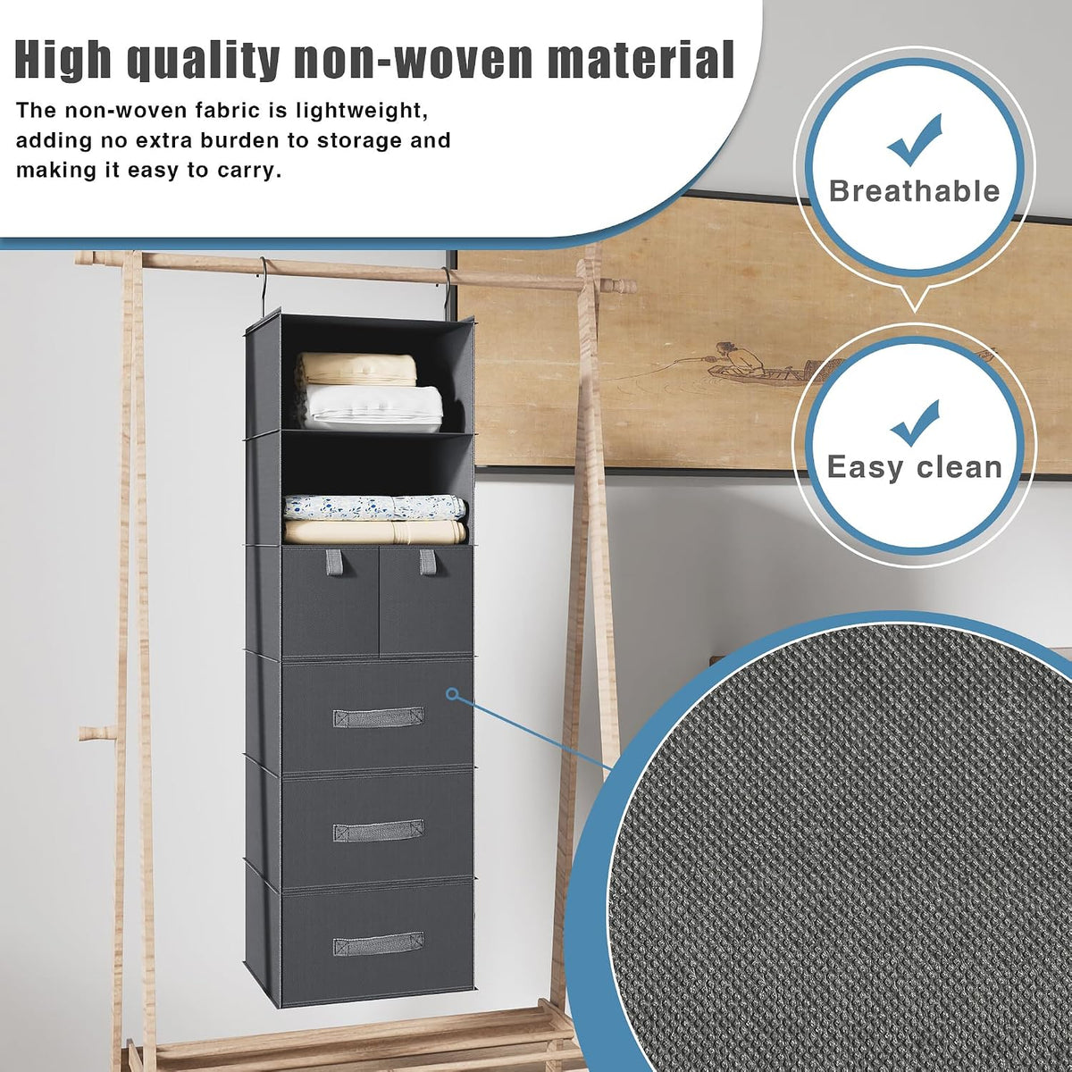 6-Shelf Hanging Closet Organizer with 5 Drawers, Non-Woven, Dark Gray