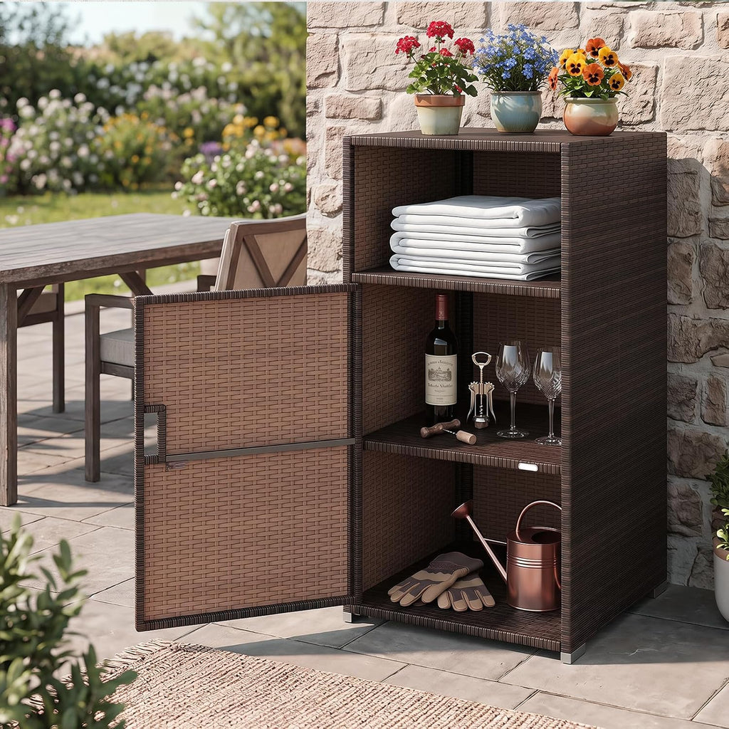 tangkula rattan outdoor storage cabinet with 3 storage on a desk or shelf