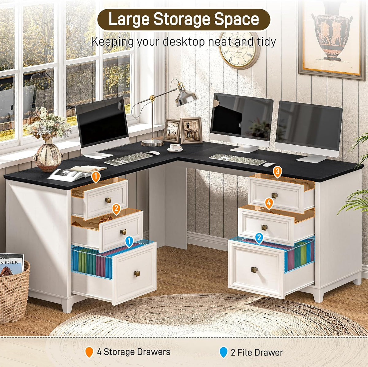 Vabches Farmhouse L Shaped Executive Desk with 6 Drawers, 59’’ Wood Home Offi...