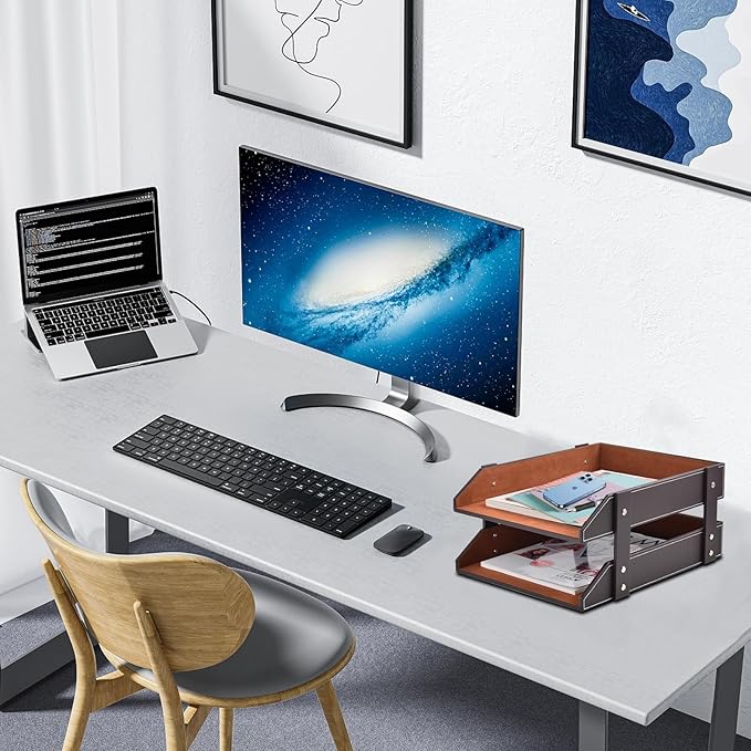 XNONE Leather Desk Organizer, 2-Tier Stackable Letter Tray Holder, Office - Image 7