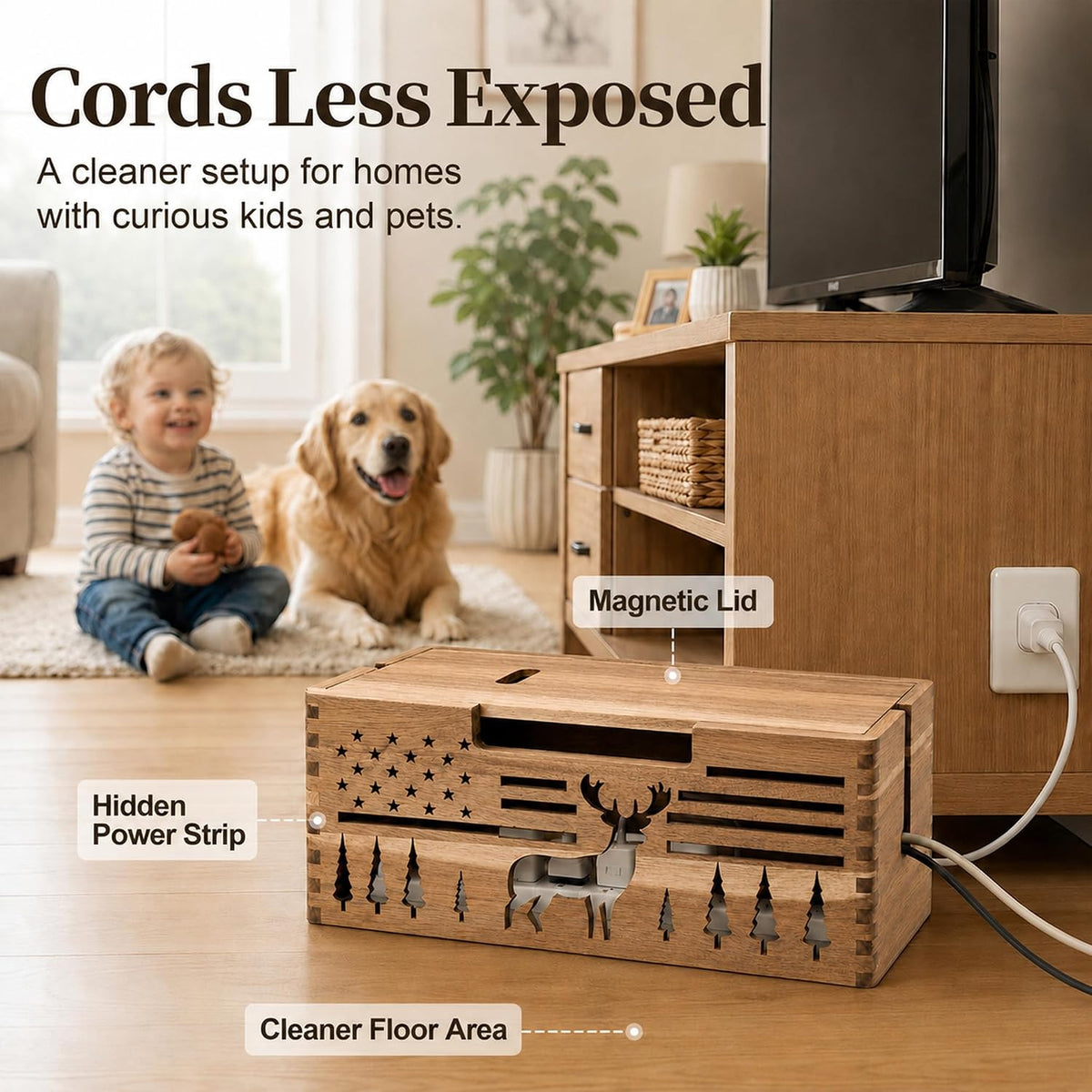 Acacia Wood Cable Management Box,Cord Hider & Organizer for Power Strip