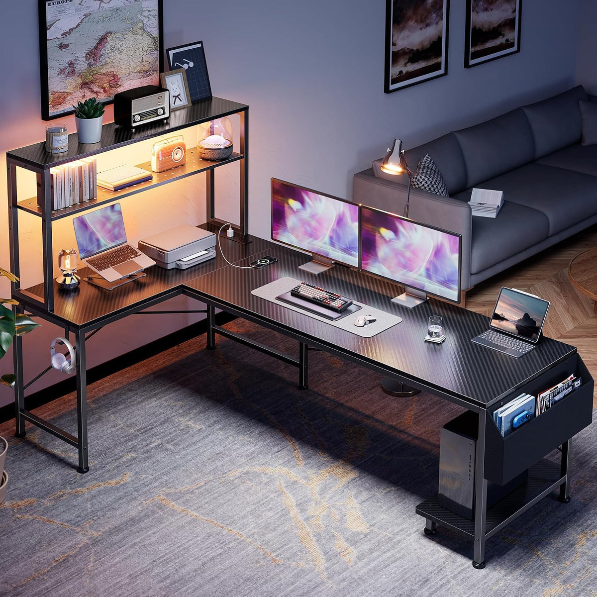 PRAISUN L Shaped Gaming Desk with LED Lights & Power Outlets