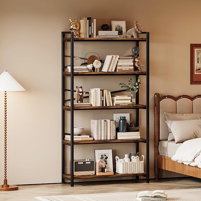 5 Tier Bookshelf 31.49" Width, Book Organizers and Storage, Wood and Metal Tall - Image 6