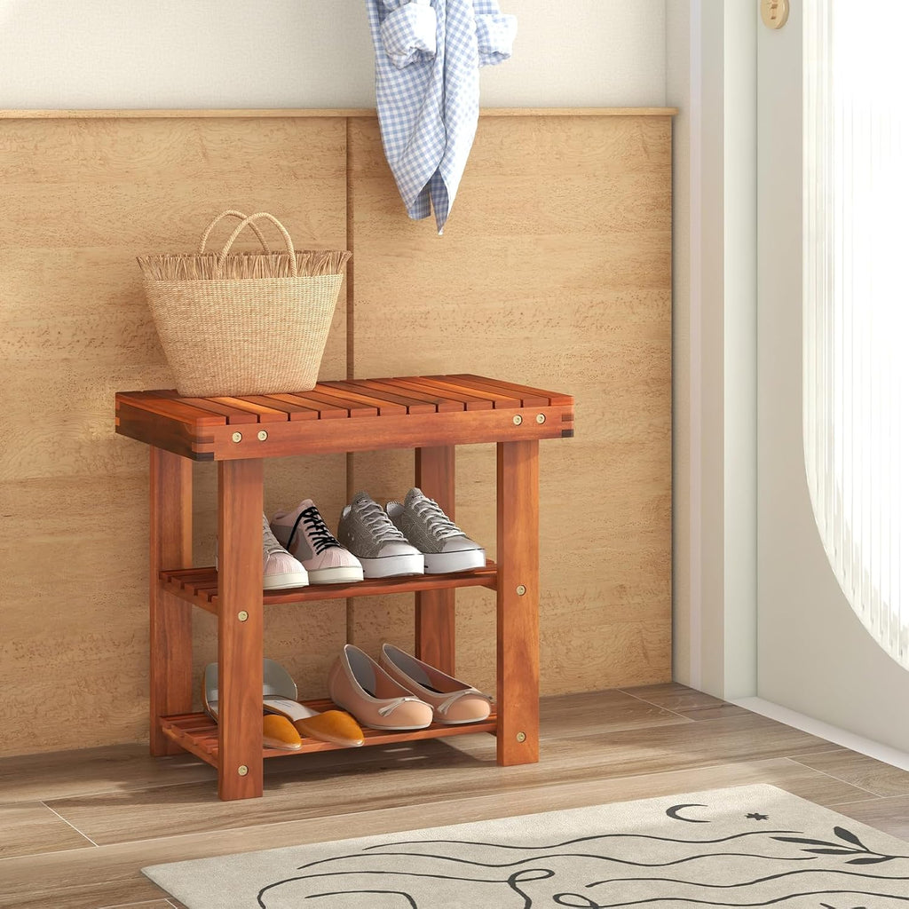 tangkula acacia wood 3-tier shoe rack bench, walnut shown in use