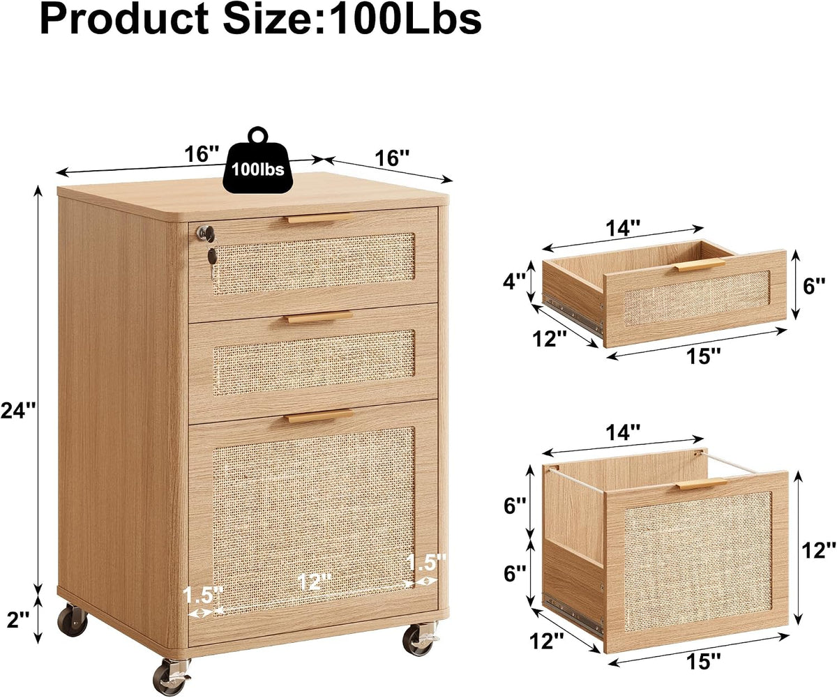 INNOD 3 Drawers Rattan Mobile File Cabinet with Lock, Rolling File Cabinet Pr...