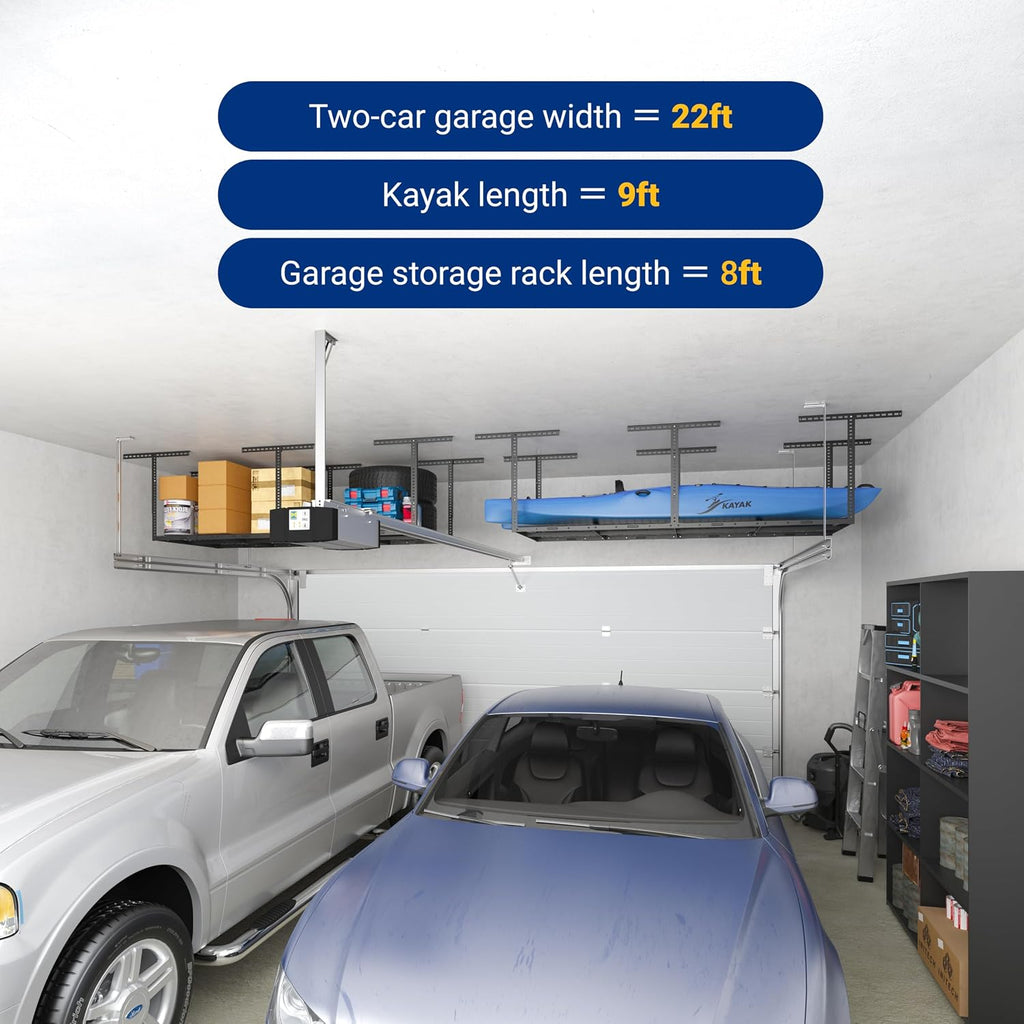 fleximounts 3x8 overhead garage ceiling storage rack adjustable showing dimensions
