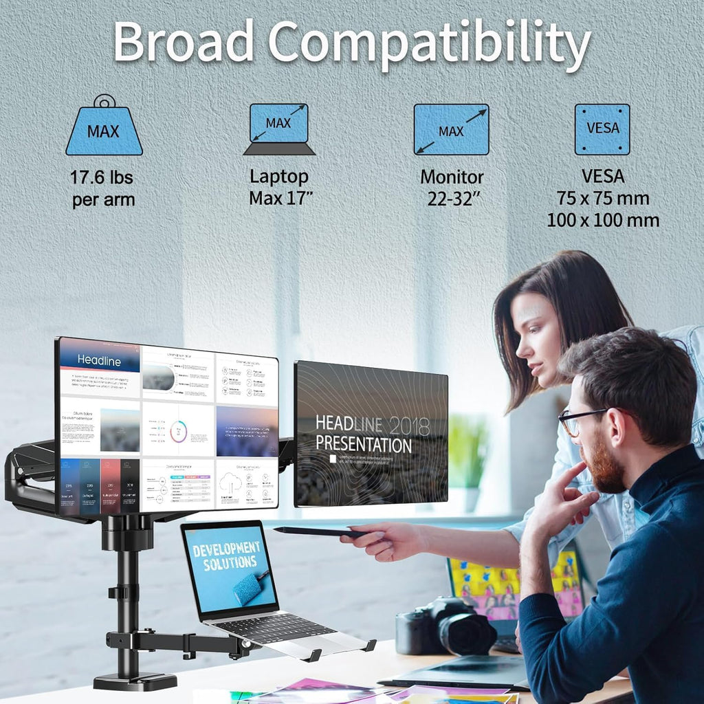 mountup dual monitor and laptop mount, adjustable monitor shown in use