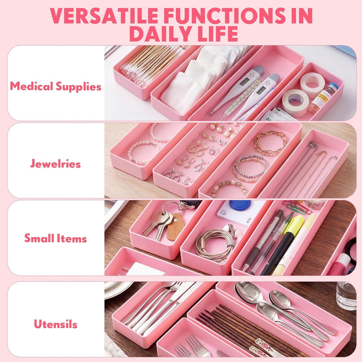 Teling 12 Pcs Pink Plastic Desk Drawer Organizer Pen Tray Shallow