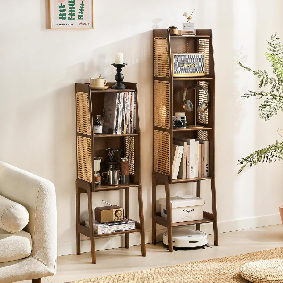 Welnow Bamboo Rattan Bookcase with Cabinet，4-Tier Wicker Bookshelf,Walnut