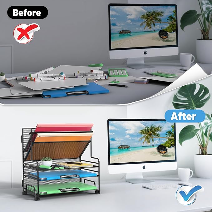 Desk File Organizer, 3-Tier Letter Tray Paper Organizer and 2-Pocket Metal - Image 5