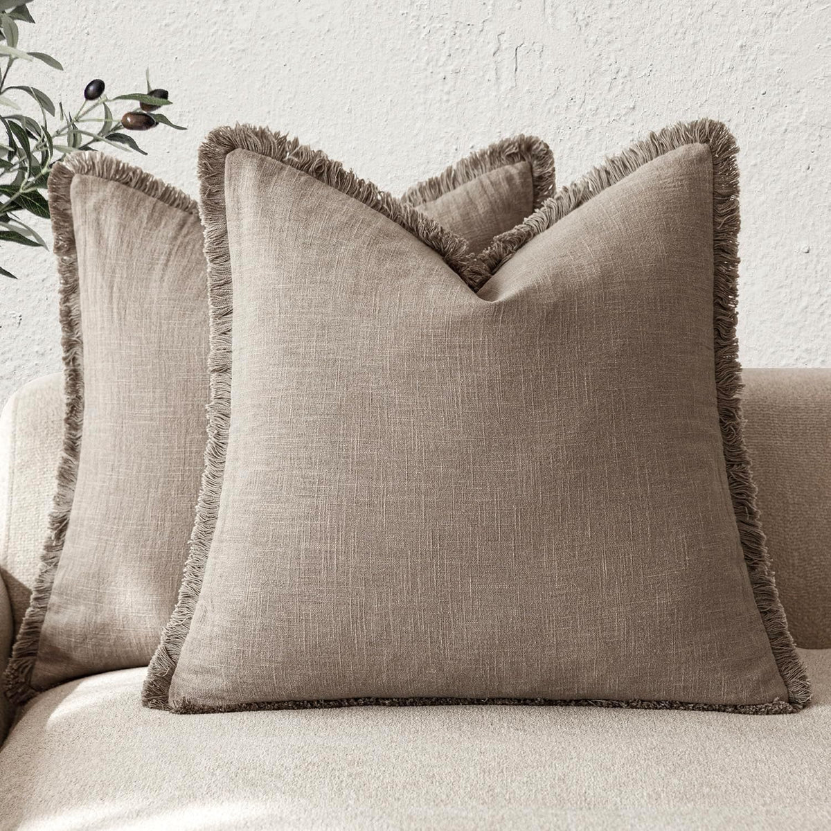 Foindtower Set of 2 Decorative Linen Fringe Throw Pillow Covers Cozy Boho