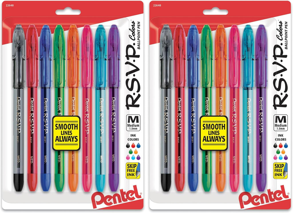 Pentel RSVP Ballpoint Pen,(1.0mm),Medium Line,Assorted Ink (BK91CRBP8M),(Pack of 16)