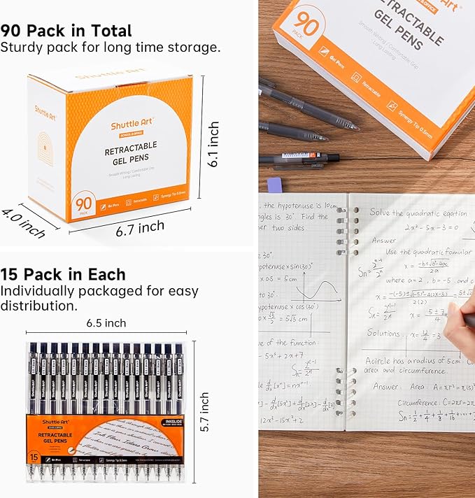 Shuttle Art Black Gel Pens, Ink Glide Series 90 Pack Retractable 0.5mm Fine - Image 2