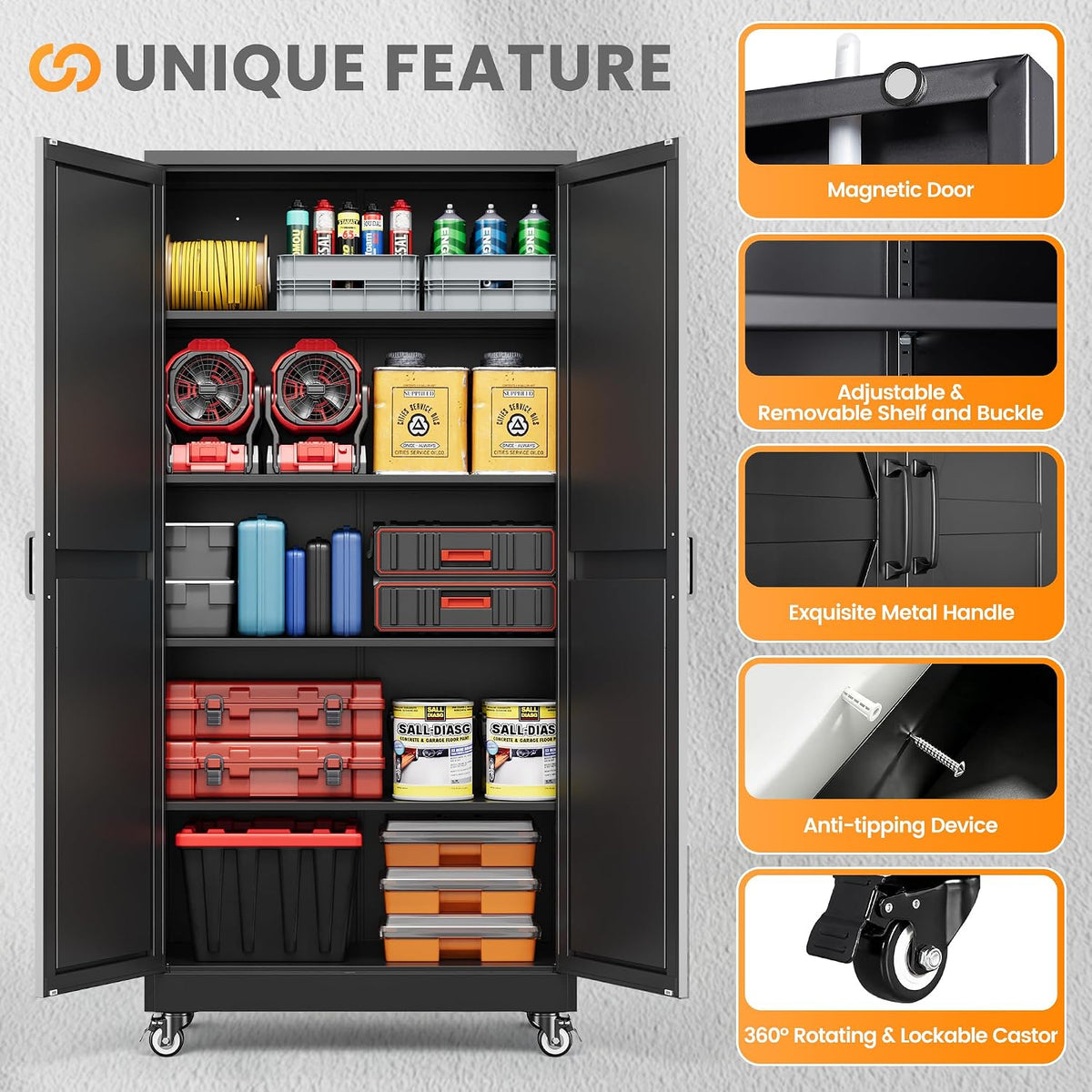 75" tall wheeled garage storage cabinet, rolling metal on a desk or shelf