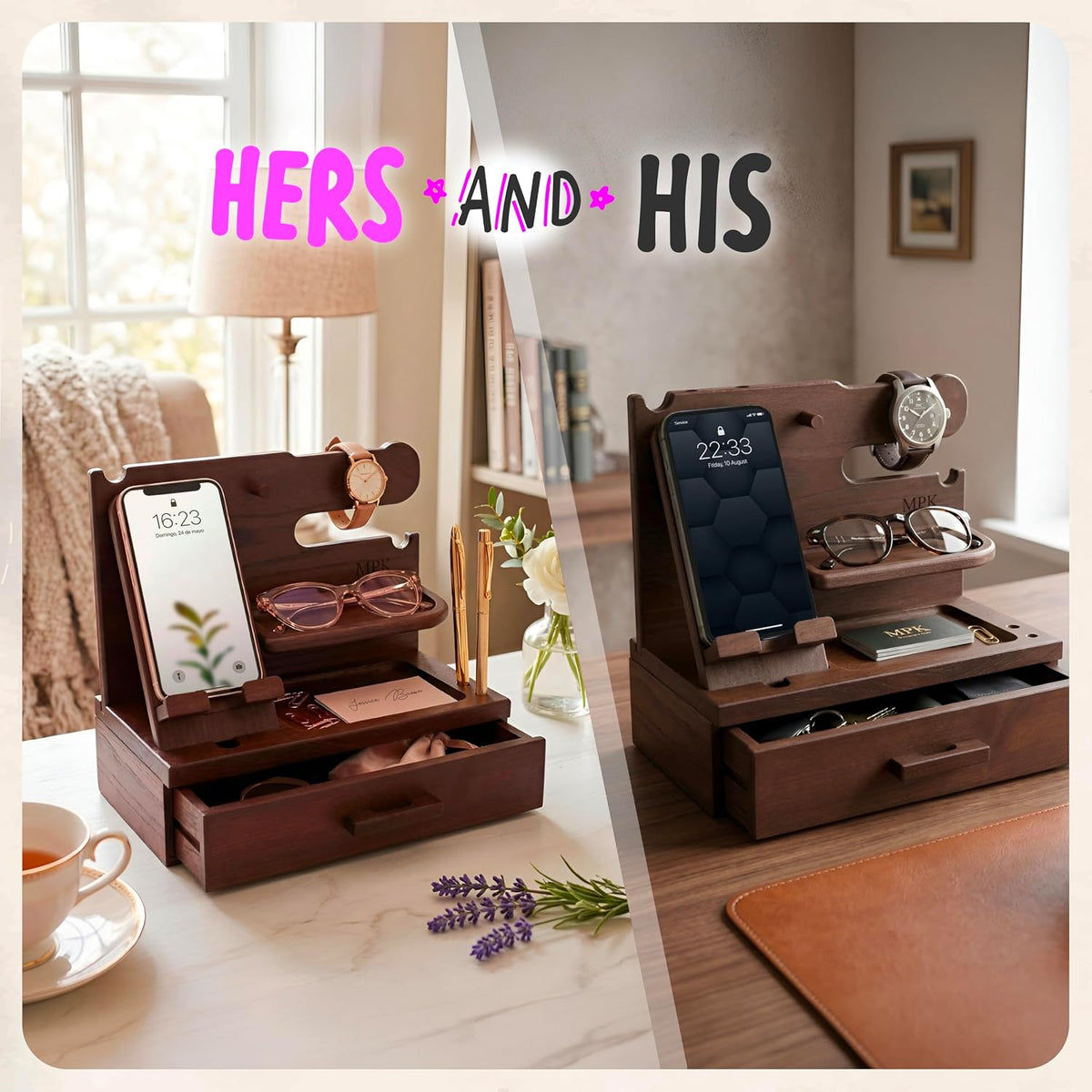 Bourbon Brown Wood Nightstand Organizer Docking Station Key, Wallet & Watch