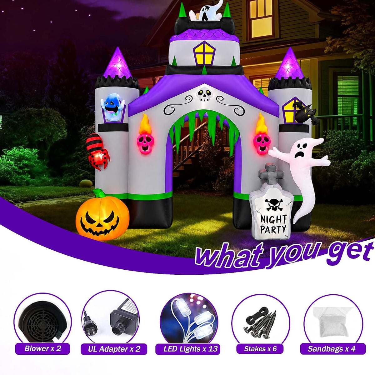 SEASONBLOW 12.3 Ft Giant Halloween Inflatable Haunted House Castle Archway Li...