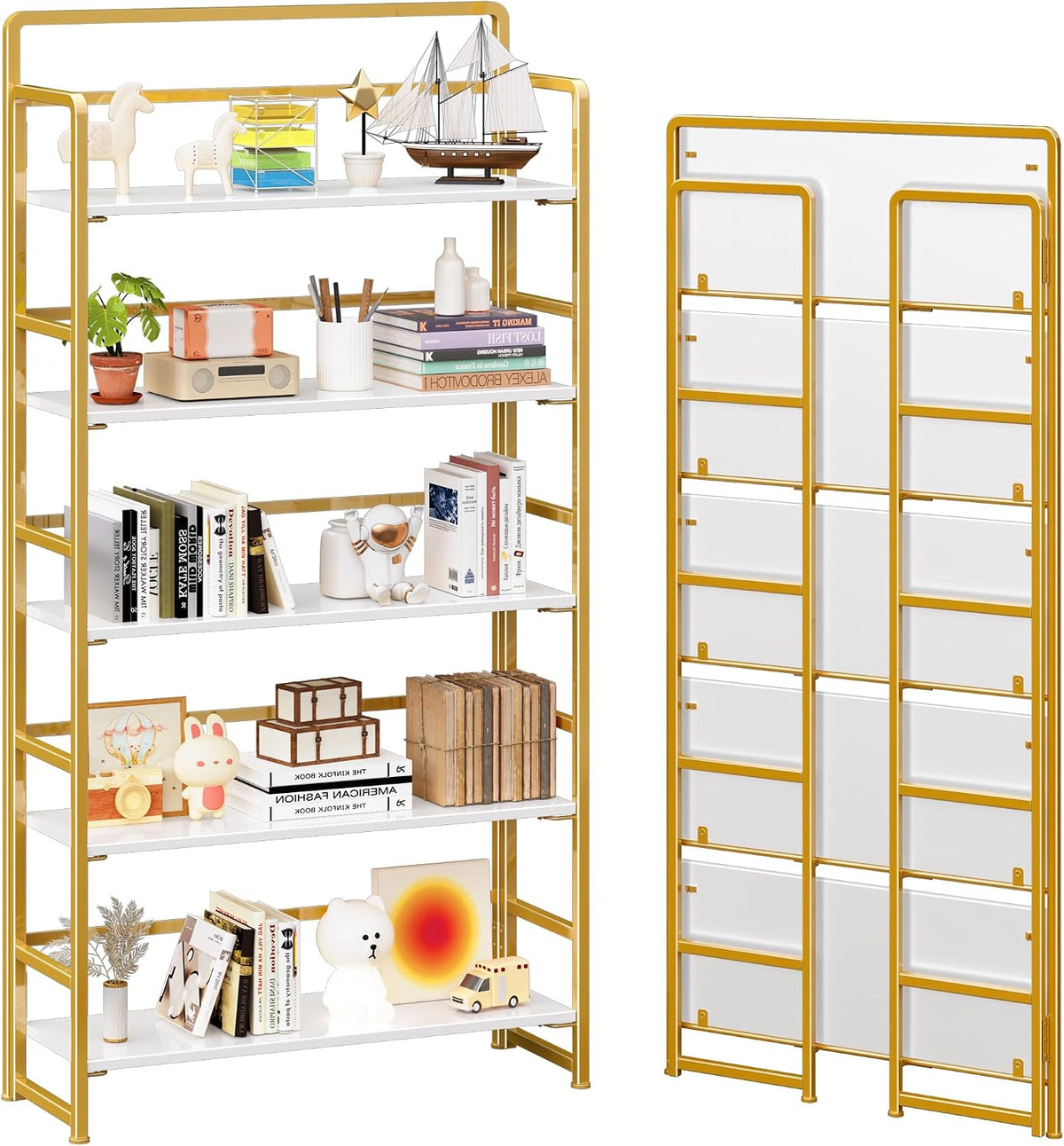4NM No Assembly Extra Wide 5 Tiers Folding Bookshelf Storage Shelves Vintage