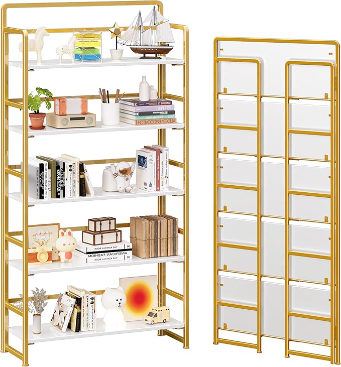 4NM No Assembly Extra Wide 5 Tiers Folding Bookshelf Storage Shelves Vintage by 4NM