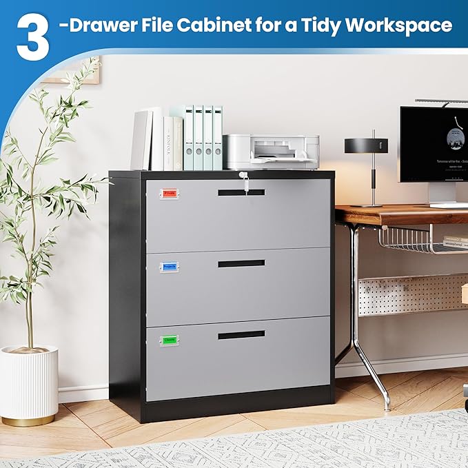 PEUKC 3 Drawer File Cabinet, Lateral Filing Cabinets - Image 7
