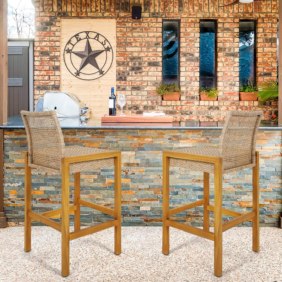 HAPPYGRILL Wicker Bar Stools Set of 2, Patio Chairs with Solid Wood Frame, Er...