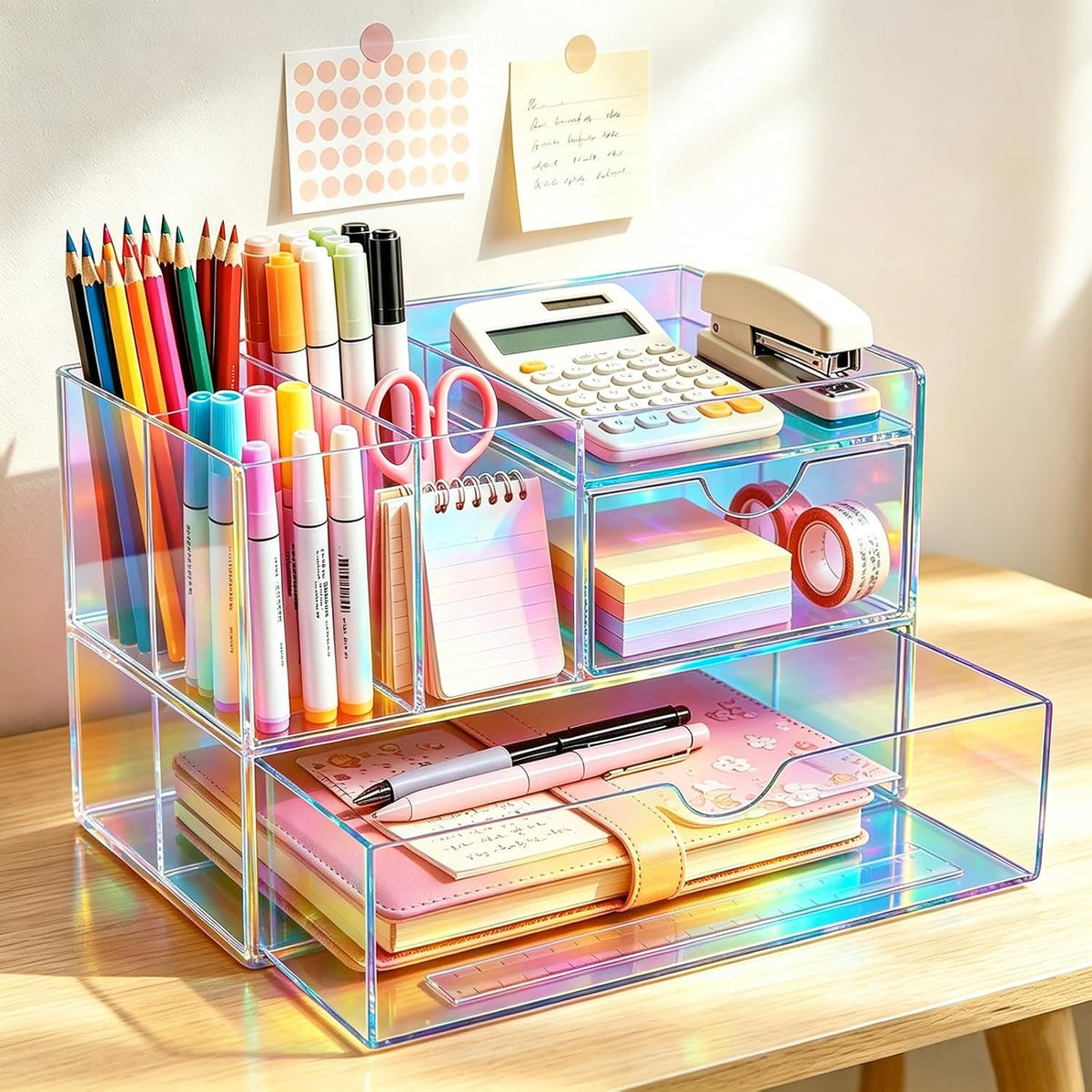 Desk Organizer with Drawers Acrylic Desktop Organizer Pen Holder Caddy for Of...