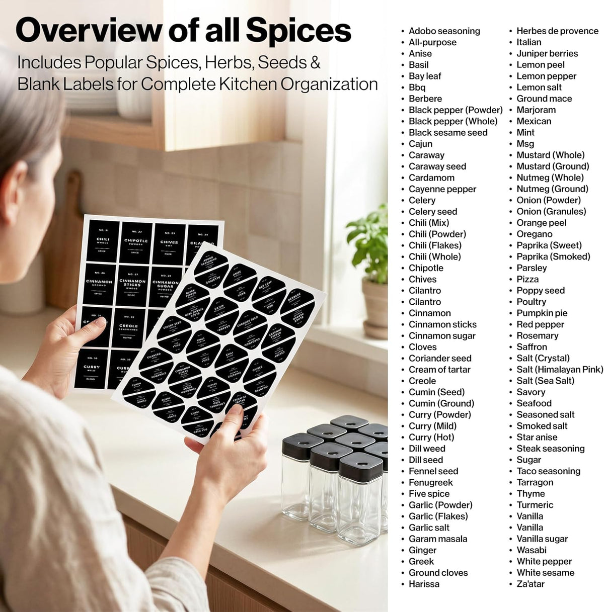EDELHAUS Glass Square Spice Jars with Label, 24x Black Sprinkle Lids