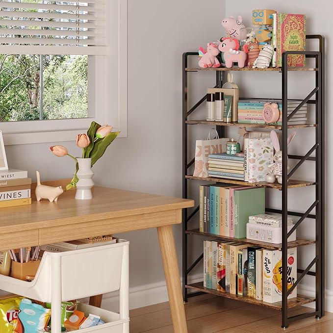 JSB Folding Bookshelf, Industrial Storage Shelves, No Assembly Vintage Wood - Image 2