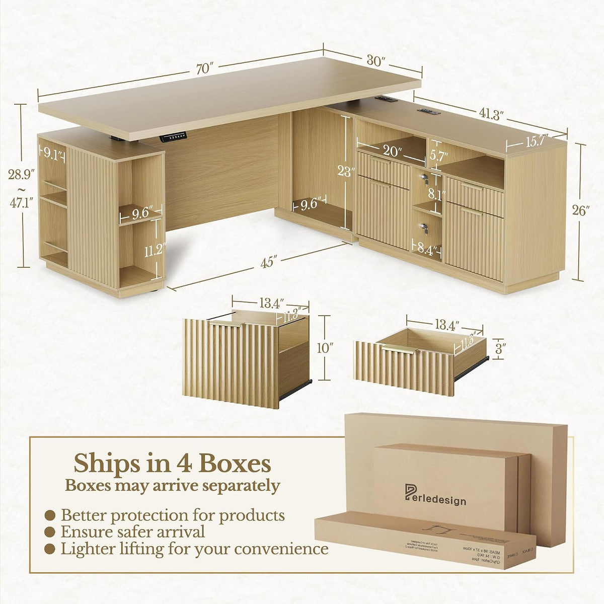 Standing Desk with File Cabinet, 70 Inch L Shaped Electric Height Adjustable ...