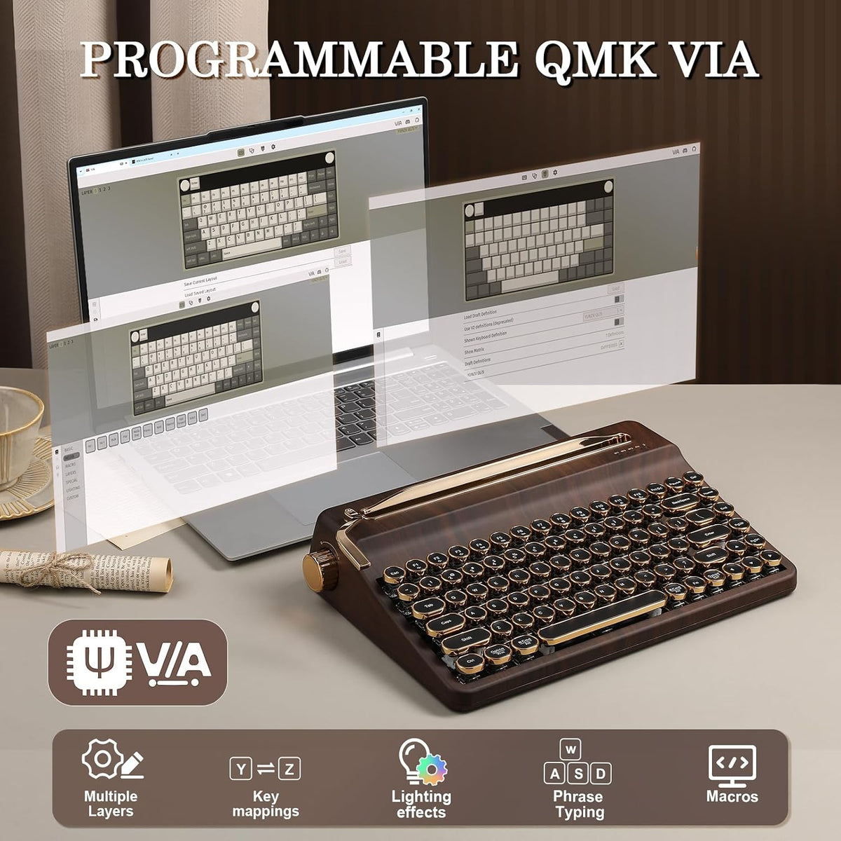 YUNZII QL75 Retro Typewriter Hot Swap RGB Keyboard(Wood, Cocoa V2)