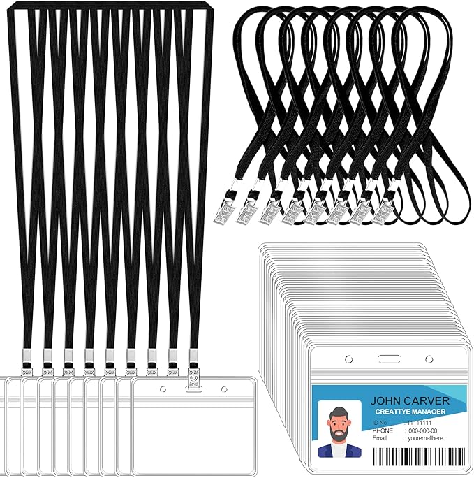 100 Pcs Clear Horizontal Badge Id Card and 100 Pcs Lanyard, Reusable Lanyards by Orcielo