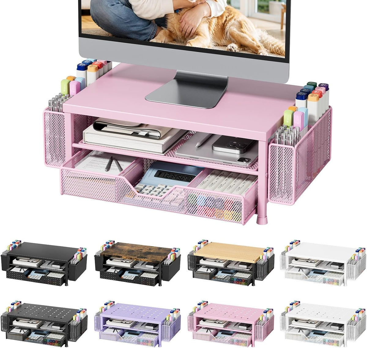 Monitor Stand Riser with Mesh Drawer and 2 Side Pen Holders, Pink Metal Top
