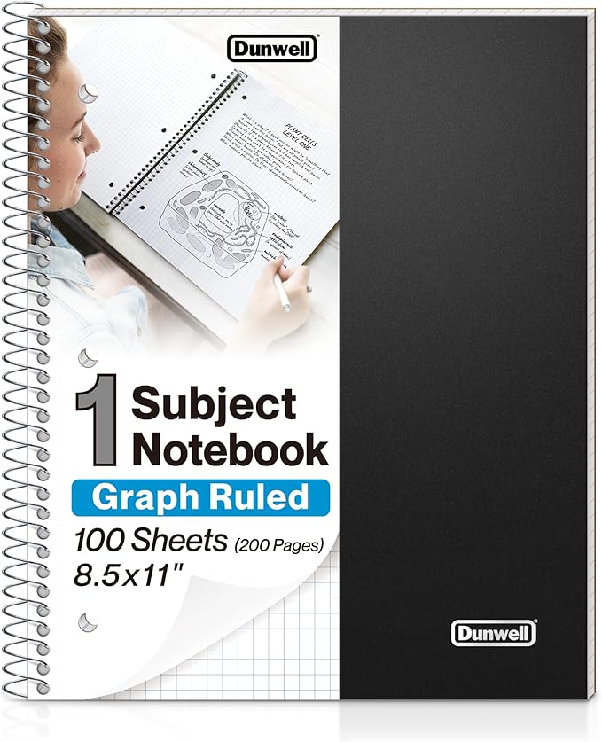 Dunwell Graph Paper Notebook 8.5 x 11 Plastic Cover, 100 Sheets, 4x4 Squares by Dunwell