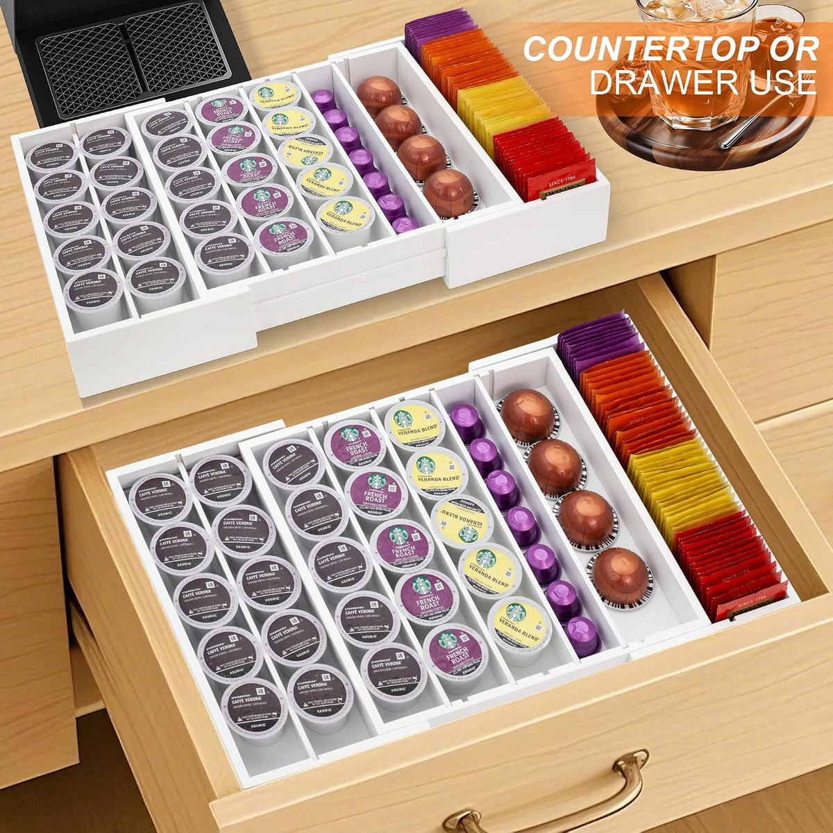 MinBoo Bamboo Drawer Organizer - Expandable K Cup & Pods Holder, Coffee P...