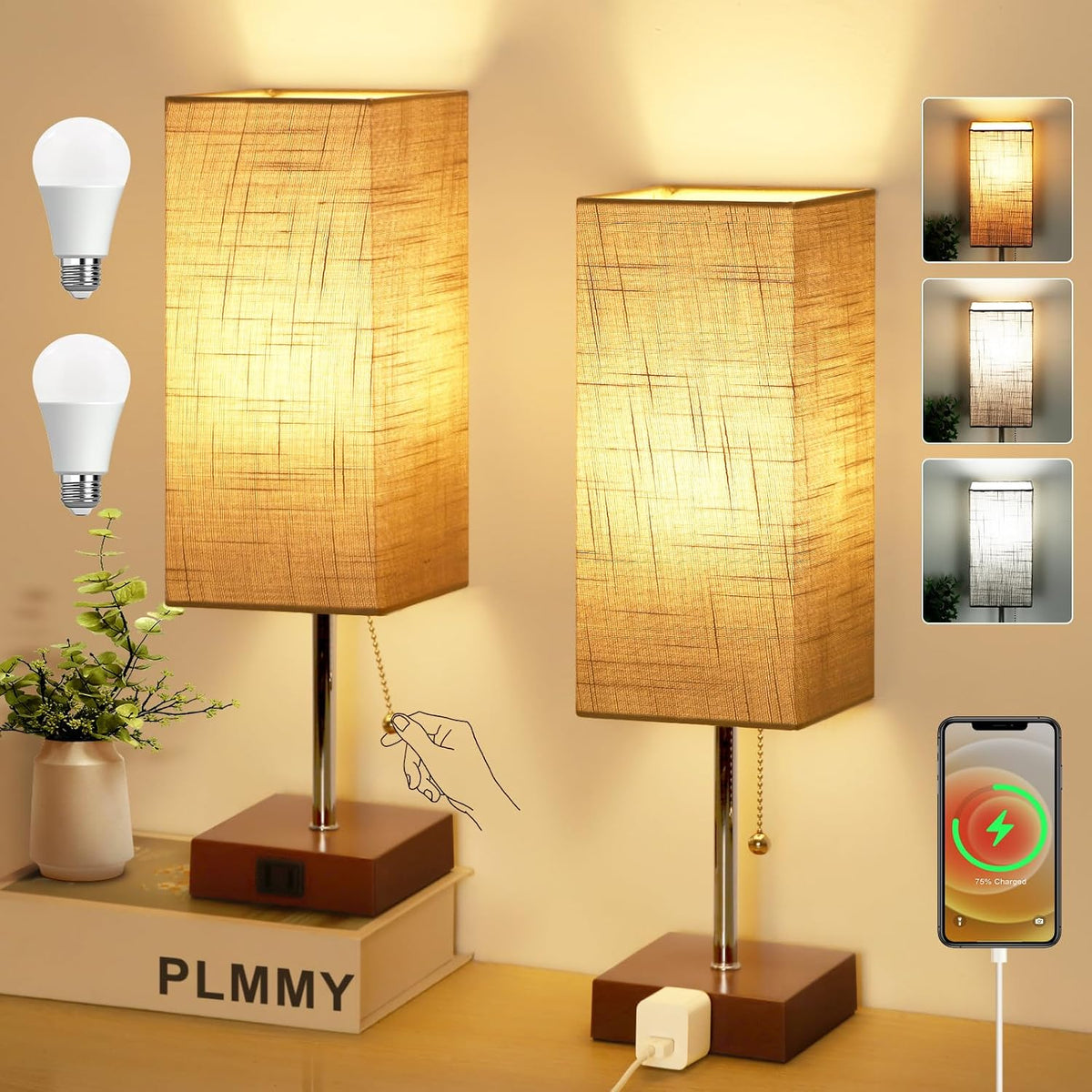 PLMMY Bedside Table Lamp for Bedroom Nightstand, 3 Color Pull Chain Nightstan...