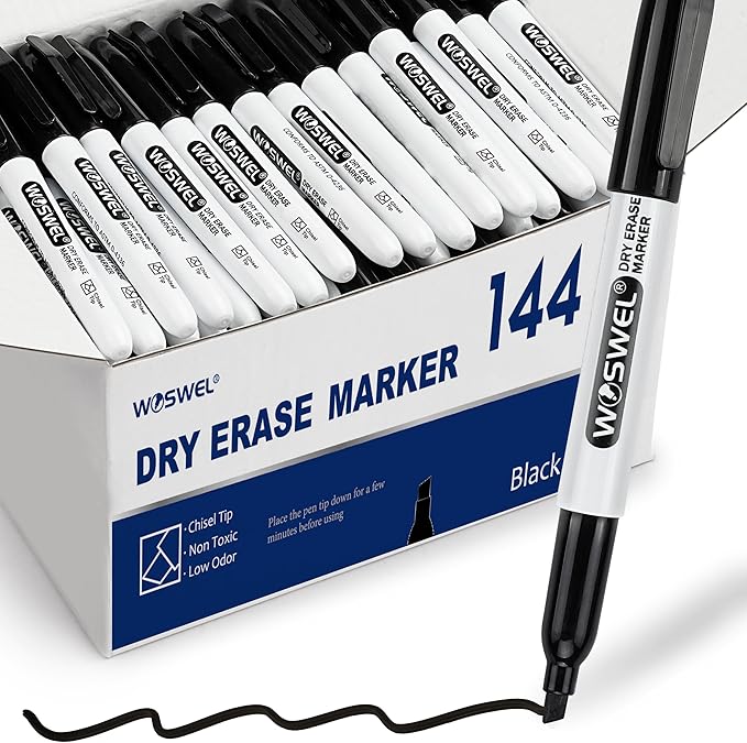 WOSWEL Dry Erase Markers Bulk, 144 Pack Black Chisel Tip Whiteboard Markers by WonderfulOptions