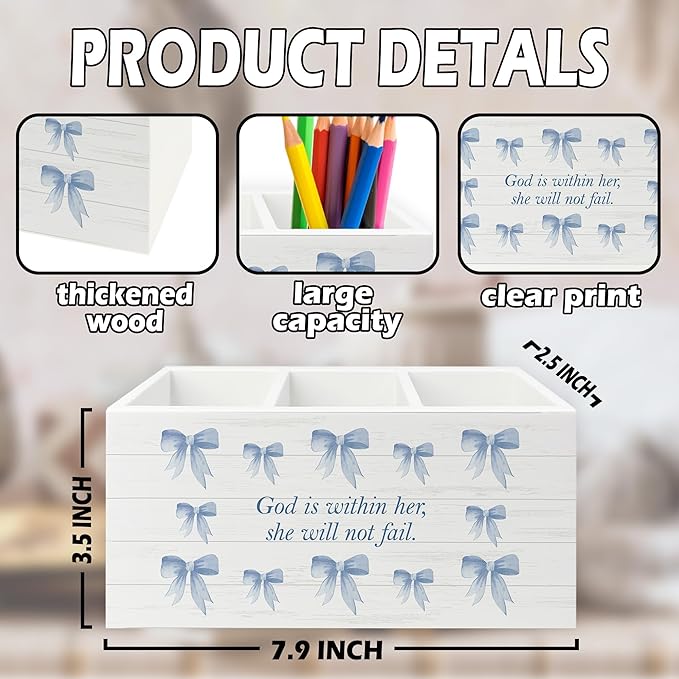 XPH Blue Coquette Bow Christian Pen Pencil Holder Organizer - Image 7