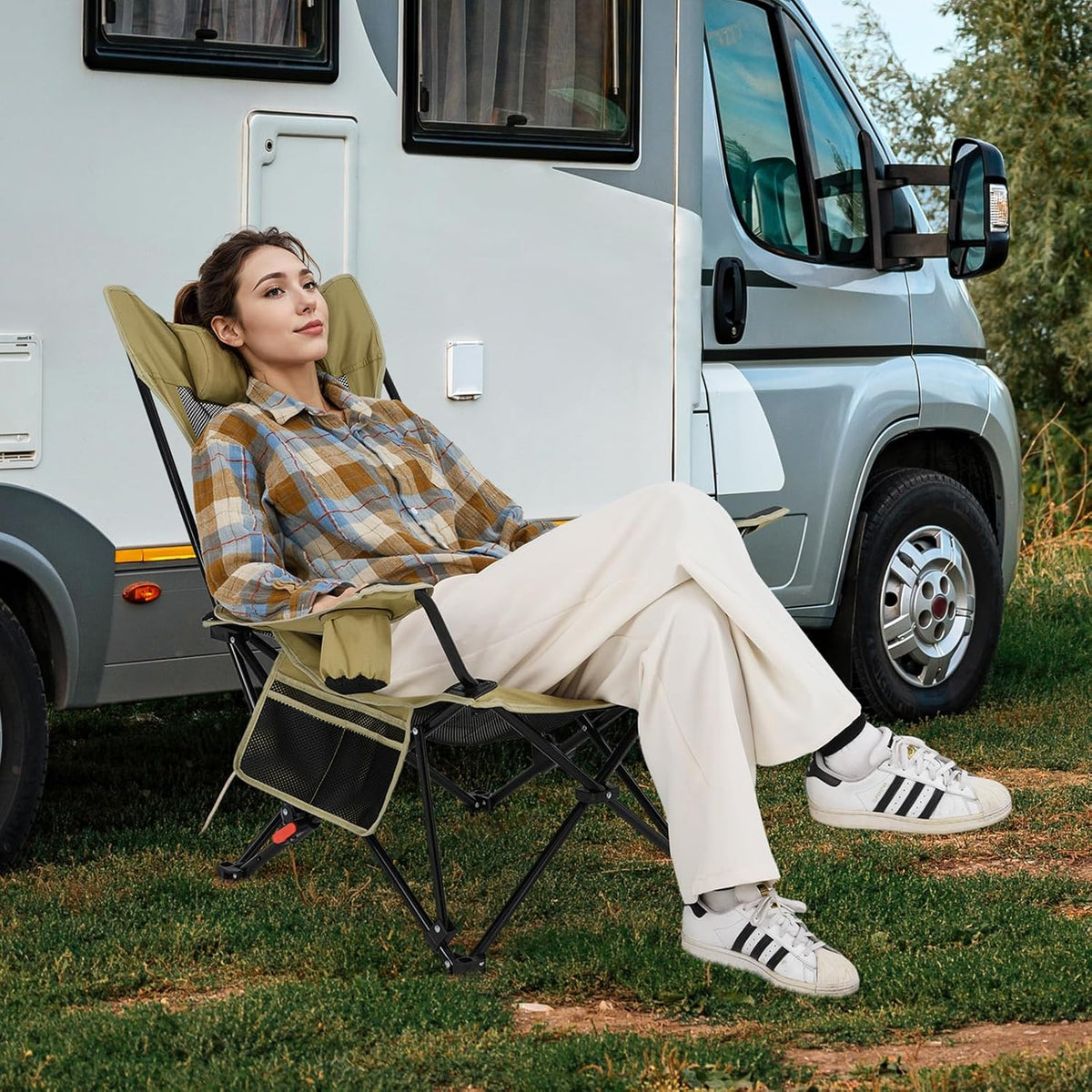 Goplus Camping Lounge Chair w/Detachable Footrest, Folding Beach Chair w/4-po...