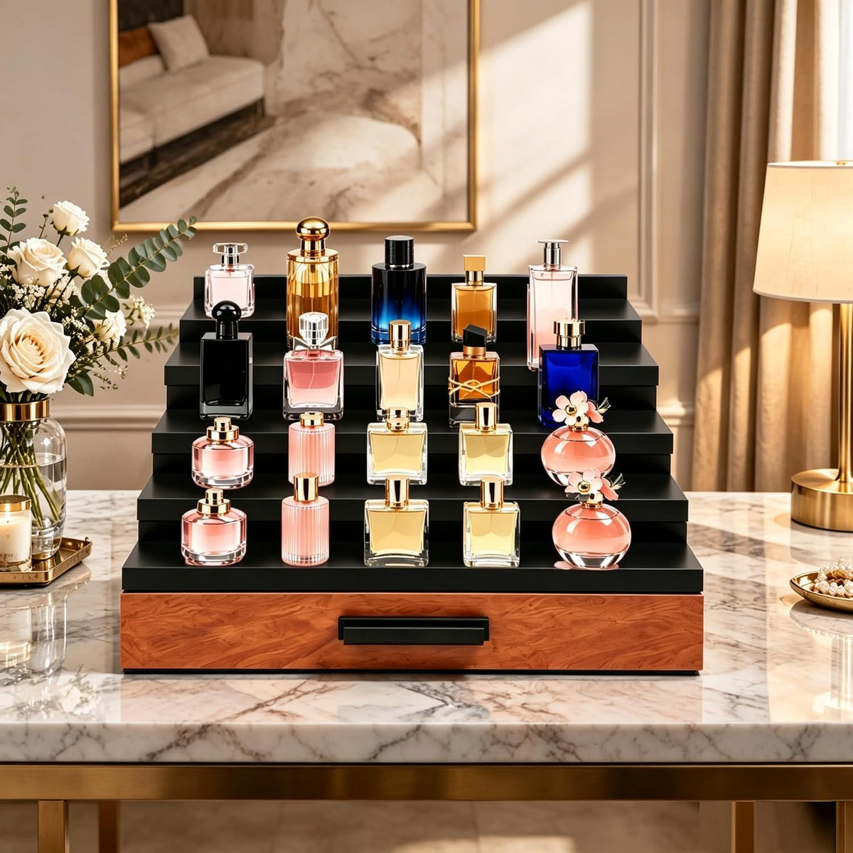 Beautiful Gift Bamboo Cologne Organizer 5-Tier:Hidden Storage Drawer