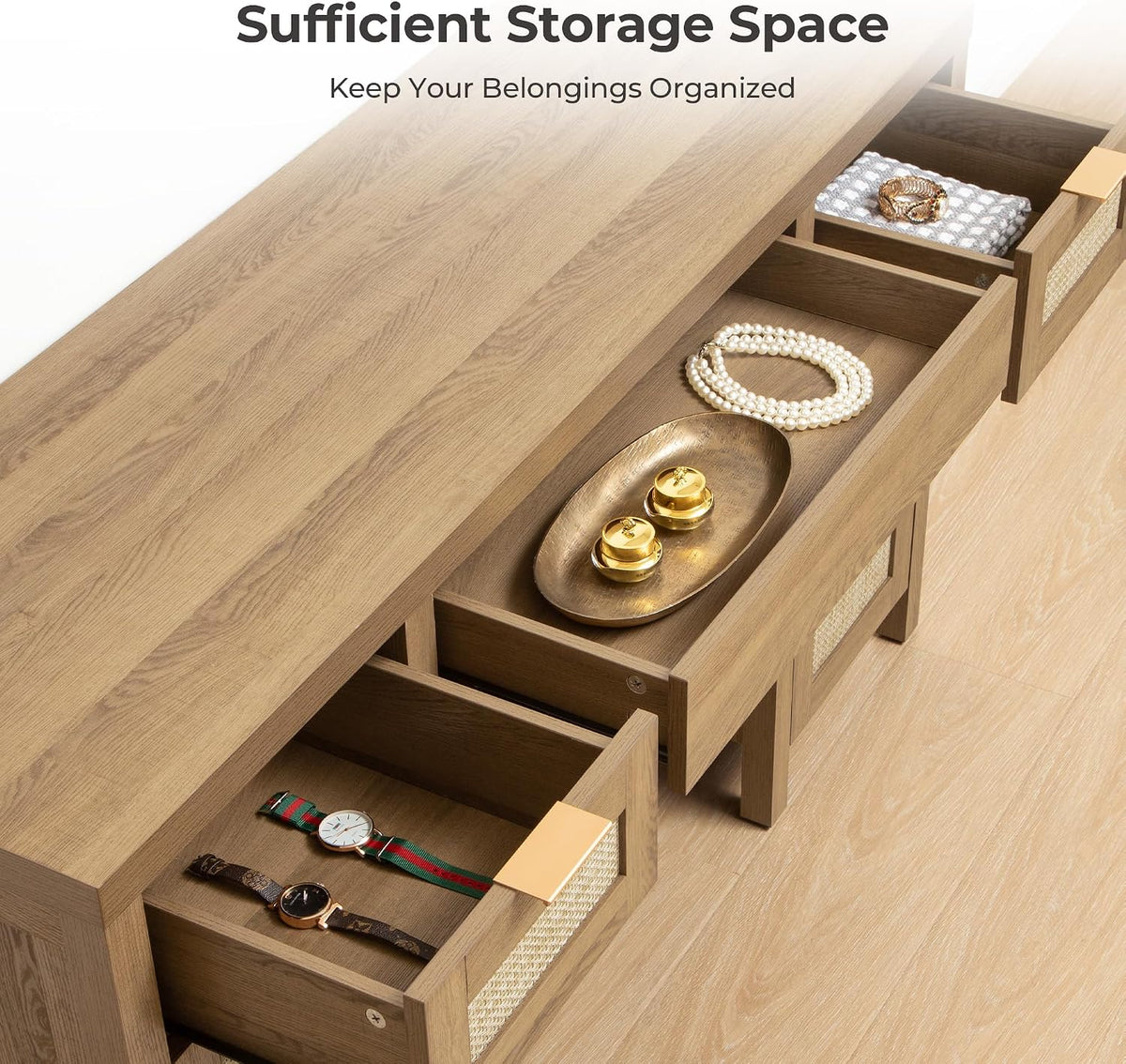 SICOTAS Rattan Vanity Home Office Desk 52" Vanity Table with 3 Drawers