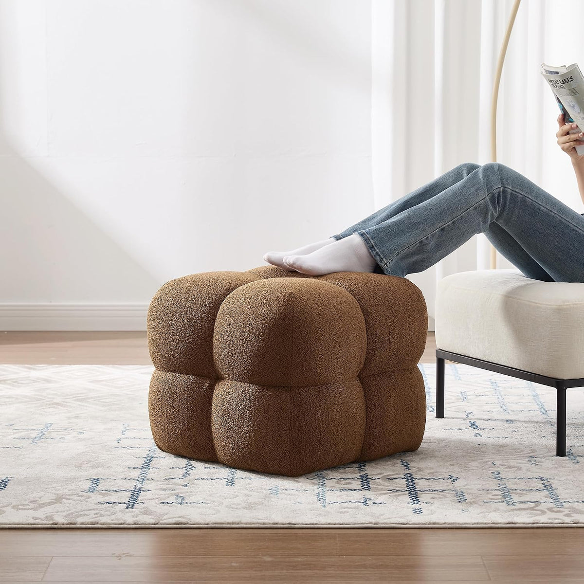 ONEVOG 21" Rust Brown Modern Ottoman, Square Fuzzy Couch Sherpa Pouf Ott...