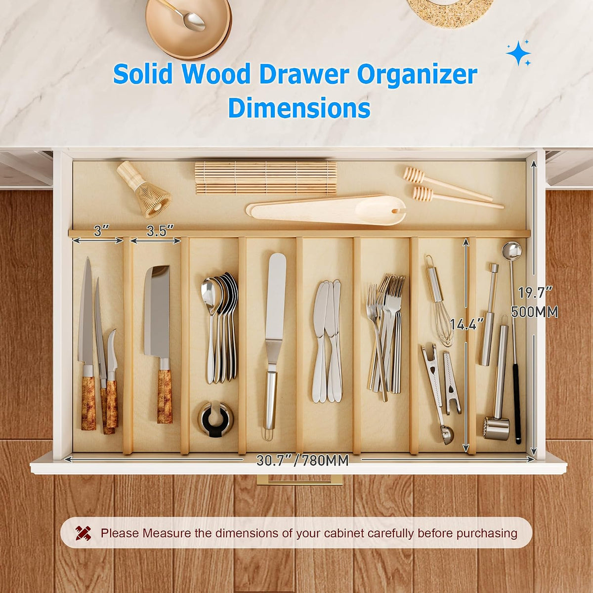 WelFurGeer Solid Birch Wood Silverware Drawer Organizer, Wooden Cutlery Drawe...