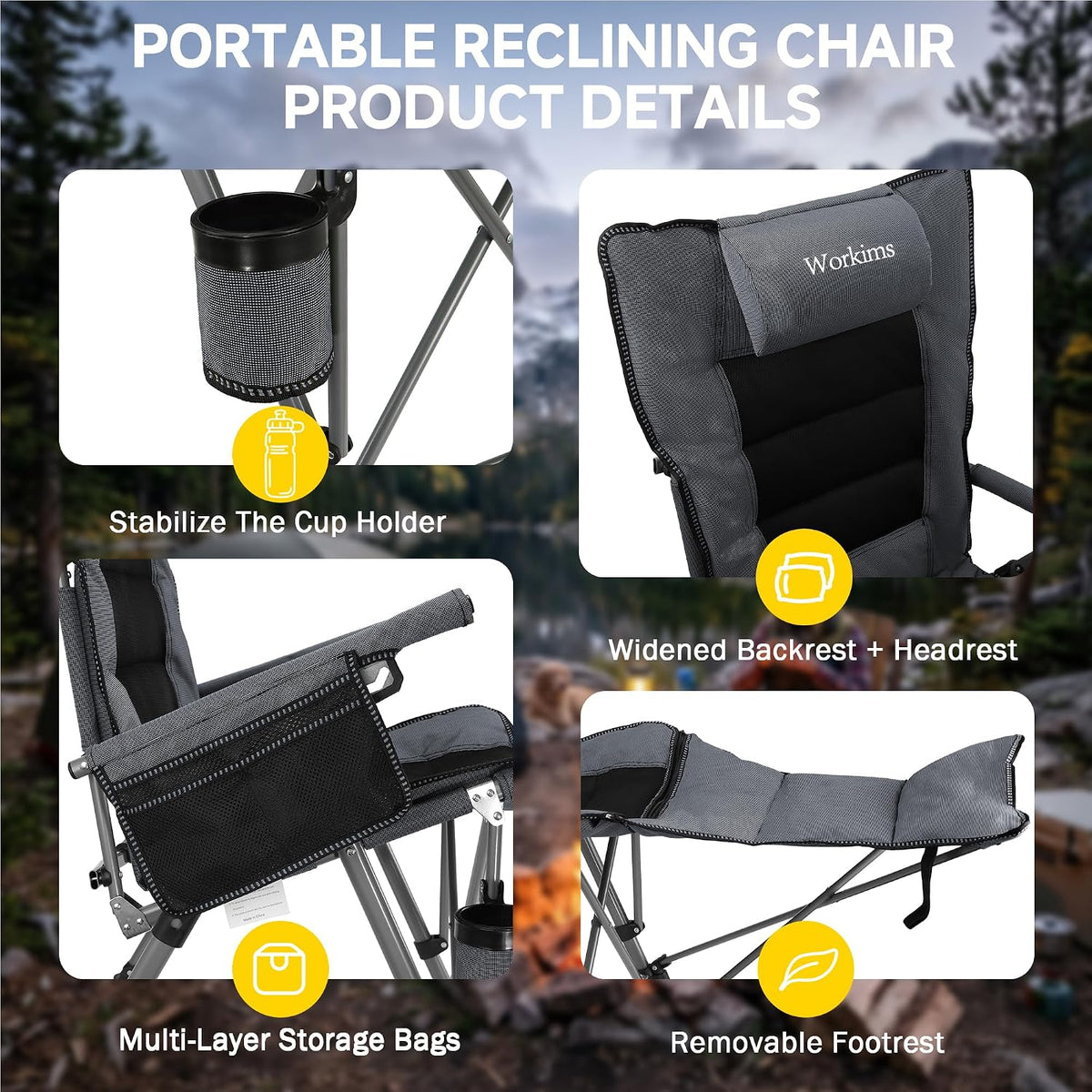 2 Pack Reclining Camping Chairs with Footrest and Pillow, 5 Position Adjustab...