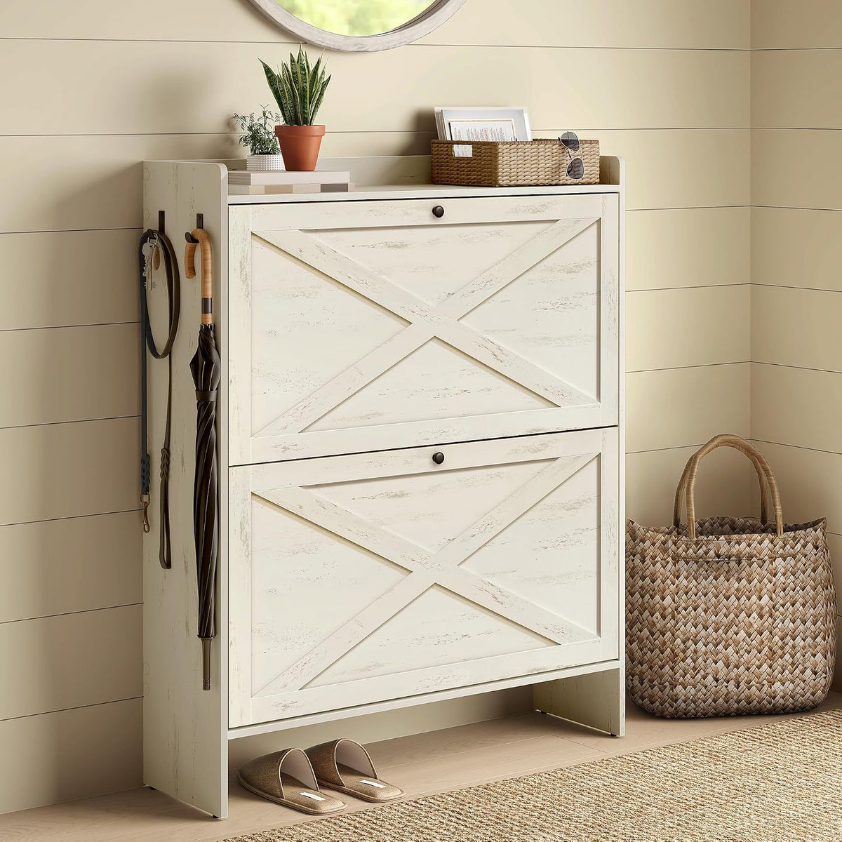 VASAGLE Narrow Shoe Storage Cabinet Organizer with 2 Flip Drawers