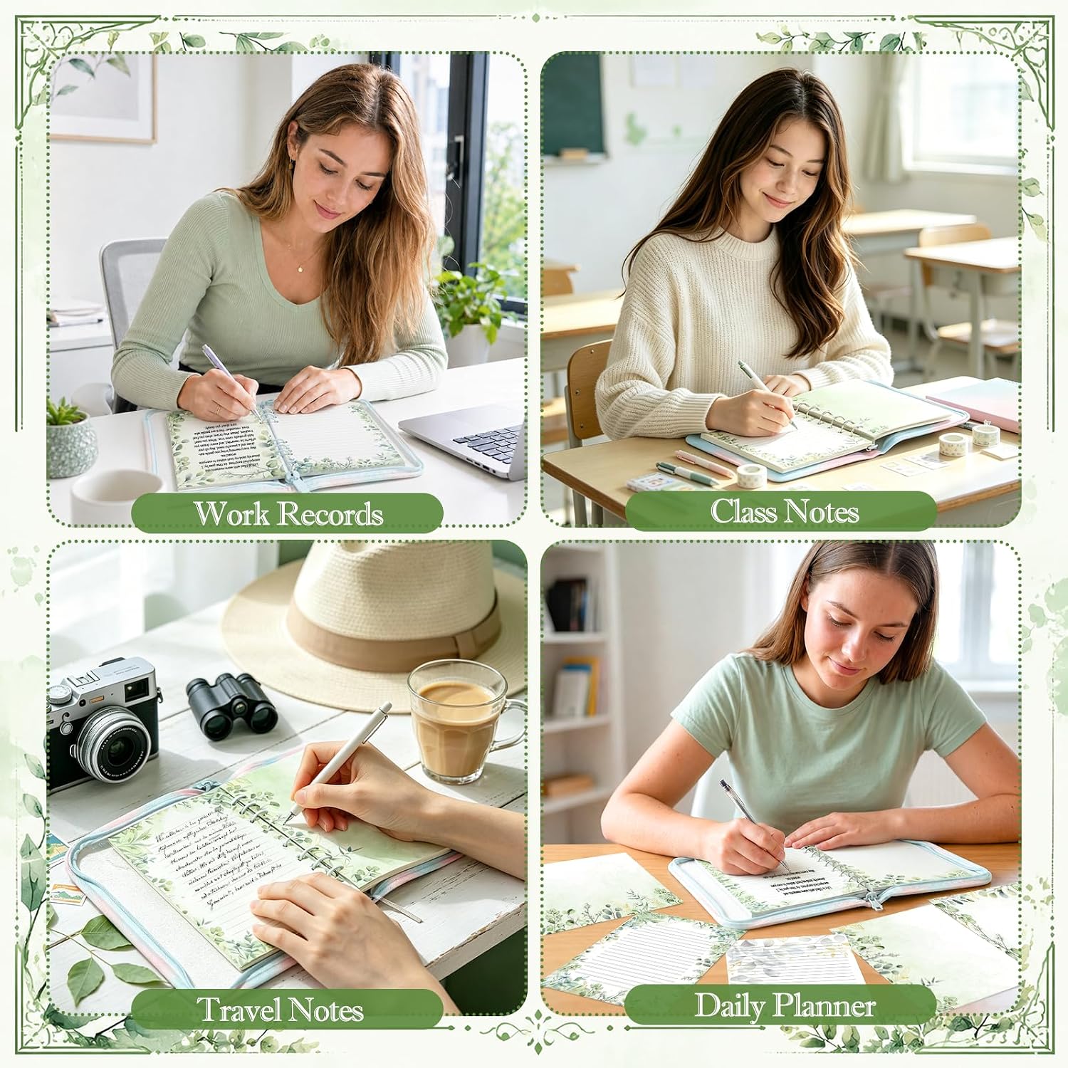 100 Sheets Sage Green A5 Planner Inserts - 120GSM Thick Greenery Refill Paper for A5 6-Ring Binder, Eucalyptus Leaves 6 Hole Loose Leaf Sheets for Journal Diary Notebook Budget Creative Planning