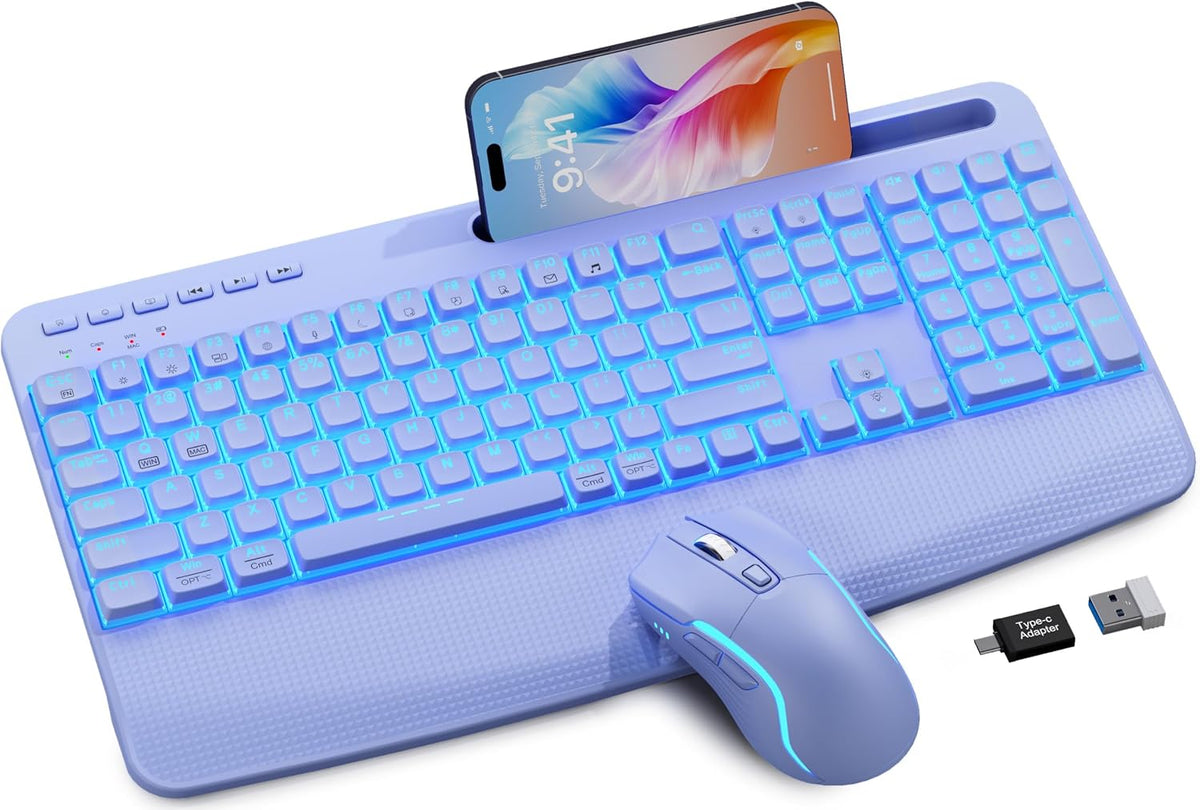 Purple Keyboard and Mouse Wireless Combo, 4000mAh Rechargeable Backlit Quiet ...